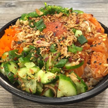 Ahipoki - Regular bowl | Brown rice, spicy tuna, salmon, house spicy sauce, masago, cucumbers, green onion, seaweed salad, crispy onion, chili flakes - Seafood Near Me - Temple City, California