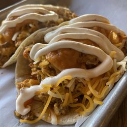 Betty’s Snack Bar - Breakfast Tacos $10 eggs, chorizo, tomato, cheddar, crema, salsa verde, served on a corn tortilla