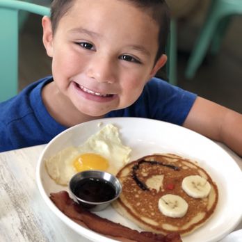 Cielito Cafe - Kids 1 pancake, 1 egg and choice of bacon (he loved the smiley face pancake) - Breakfast & Brunch Near Me - Houston, Texas