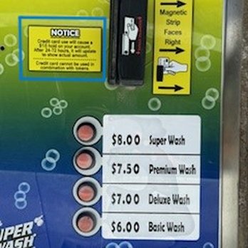 Super Wash - Credit Card notice and pricing at the automatic car wash bay. 4/27/24 - Car Wash Near Me - Pahrump, Nevada Super Wash - Credit Card notice and pricing at the automatic car wash bay. 4/27/24 - Car Wash Near Me - Pahrump, Nevada