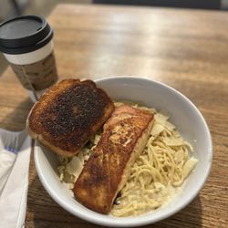 The Great Room Cafe - Garlic cream noodle (sub with salmon)  Chai tea in an insulated cup