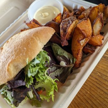 The Locavore - Salmon burger with fries $18.50 - Food Trucks Near Me - Squamish, British Columbia