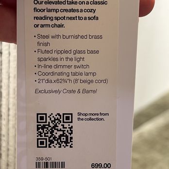 Crate & Barrel - Every piece of furniture came with a comprehensive tag listing fabric details and starting price. - Furniture Stores Near Me - Lone Tree, Colorado