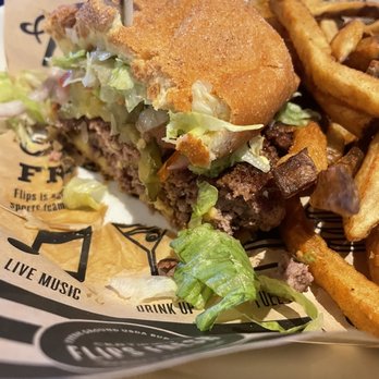 Flips Patio Grill - Medium rare (cut in half) burger. Excellent! - Burgers Near Me - Grapevine, Texas