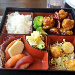 Bamboo Asian Cuisine - Bento Box with General Tso Chicken, sushi, and sashimi