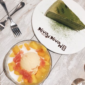 Mango Mango Dessert - Special Mango Juice Sago & Pomelo w. Mango Ice Cream ($7) and Green Tea Mille Crepe ($8) - Desserts Near Me - New York, New York