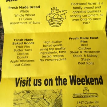 Fleetwood Acres Bakery - a menu for the weekend - Bakeries Near Me - Hamilton, Ontario Fleetwood Acres Bakery - a menu for the weekend - Bakeries Near Me - Hamilton, Ontario