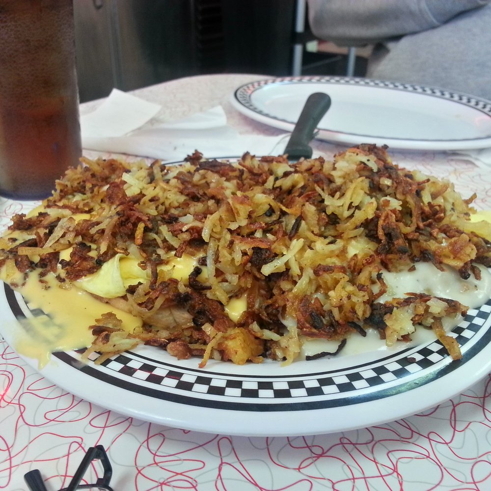 Charlie Parkers - Breakfast Shoe with hash browns - Diners Near Me - Springfield, Illinois Charlie Parkers - Breakfast Shoe with hash browns - Diners Near Me - Springfield, Illinois