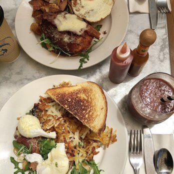 Shorehouse Kitchen - Parmesan arugula risotto eggs Benedict, maple chicken bacon breakfast sandwich, dirty chai coffee, & black Cherry almond agave smoothie - Breakfast & Brunch Near Me - Carlsbad, California