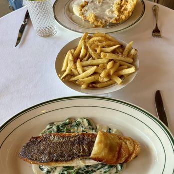 Max’s Sister - Branzino with creamed spinach and crispy potato, French fries, chicken fried steak. - French Near Me - San Antonio, Texas