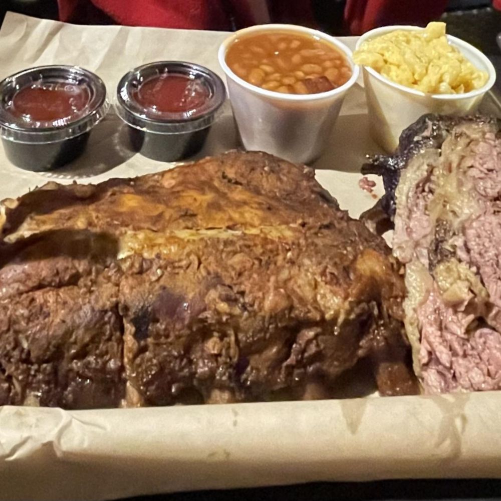 Roadside BBQ - Beef brisket ribs beans and mac and cheese. The mac and cheese was awesome - Barbeque Near Me - Islamorada, Florida