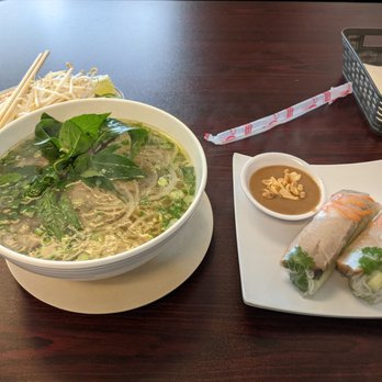 Pho Phong Luu - Pho Tai Chin and grilled pork sausage spring roll w/ peanut sauce - Vietnamese Near Me - Austin, Texas