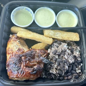 Alpaca Chicken - 1/4 White Chicken with Yuca Fries and Rice Topped with Black Beans - Peruvian Near Me - Garner, North Carolina