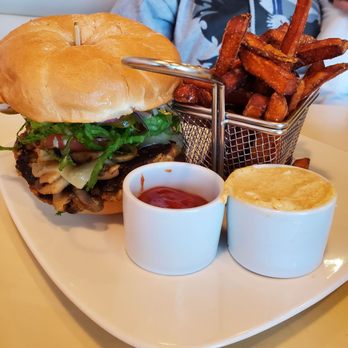 Gather Gastropub - Mushroom swiss burger with veggie patty and sweet potato fries. Side of 5 alarm sauce! - Gastropubs Near Me - Yelm, Washington Gather Gastropub - Mushroom swiss burger with veggie patty and sweet potato fries. Side of 5 alarm sauce! - Gastropubs Near Me - Yelm, Washington