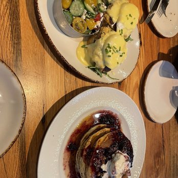 Haywire - Crabcake Benedict and orange cinnamon pancakes - New American Near Me - Dallas, Texas Haywire - Crabcake Benedict and orange cinnamon pancakes - New American Near Me - Dallas, Texas