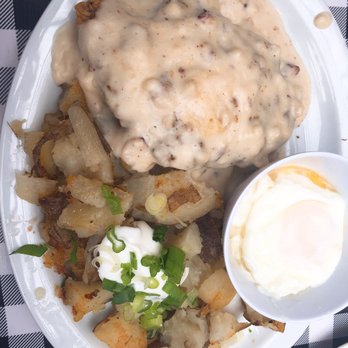 Sax's Joint - Country fried steak and gravy with poached egg and delicious satiating potatoes!!! - Breakfast & Brunch Near Me - Petaluma, California Sax's Joint - Country fried steak and gravy with poached egg and delicious satiating potatoes!!! - Breakfast & Brunch Near Me - Petaluma, California