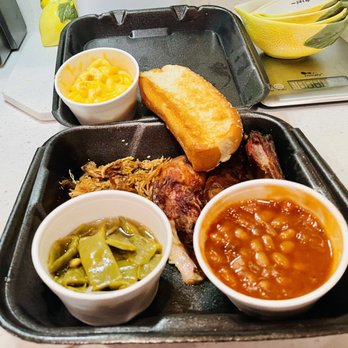 Hog-N-Bones - Three meat sampler with chicken, ribs and pulled pork, green beans and baked beans. - Barbeque Near Me - Waycross, Georgia