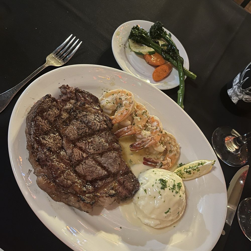 Antiquity Restaurant - Medium, rare, ribeye, mashed potatoes, shrimp, scampi, roasted vegetables - Seafood Near Me - Albuquerque, New Mexico