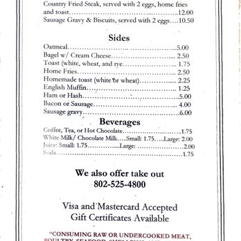 Busy Bee Diner - Menu page 2 - A printed menu from a diner offers options for meals, sides, beverages, and takeout, with prices and notes on ingredients. - Diners Near Me - Glover, Vermont
