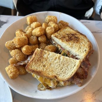 Apple Fritter - Pigs Gone Wild Breakfast Sandwich w/ Tater Tots - Burgers Near Me - San Mateo, California Apple Fritter - Pigs Gone Wild Breakfast Sandwich w/ Tater Tots - Burgers Near Me - San Mateo, California