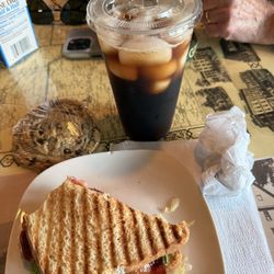 Truxton Outpost - My half of the blt - big enough to share . And ice coffee with cookie cones with.