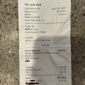 The Jerk Grill - Receipt - Caribbean Near Me - Redlands, California The Jerk Grill - Receipt - Caribbean Near Me - Redlands, California