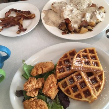 Goolee's Grille - Chicken & waffles. Platter #8 (chipped beef over biscuits with a a side of home fries) and a side of bacon - Breakfast & Brunch Near Me - Rehoboth Beach, Delaware Goolee's Grille - Chicken & waffles. Platter #8 (chipped beef over biscuits with a a side of home fries) and a side of bacon - Breakfast & Brunch Near Me - Rehoboth Beach, Delaware