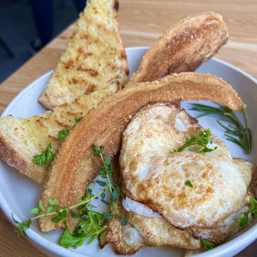 Full Circle Kitchen and Sound - Fried Pork Belly, Over Medium Eggs, Fresh Baked Bread = Delicious - Breakfast & Brunch Near Me - Covina, California