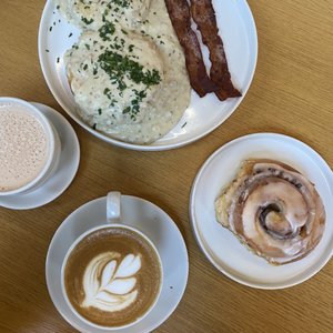 Photo of Mildred's - Kansas City, MO, United States. Hot cocoa, B&amp;G, brioche cinnamon roll, latte