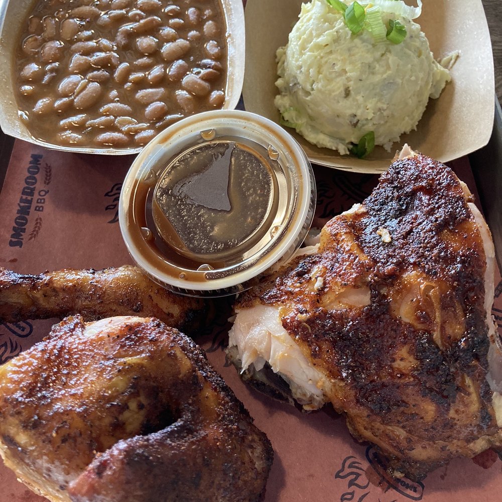 Smokeroom BBQ - 1/2 chicken with beans and potato salad $13 - Barbeque Near Me - Houston, Texas
