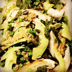 Turie - Grilled Chicken Supreme, Quinoa, Avocado, Smoked Pine Nuts, Pumpkin Seeds, Broad Beans, Peas and Salsa Verde
