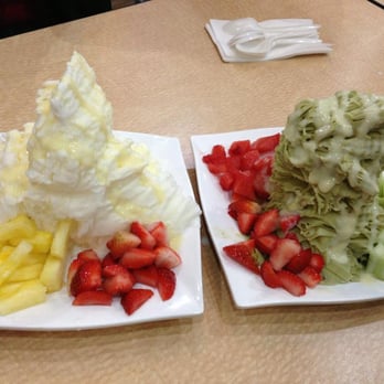 Nu Cafe - Green Tea shaved Ice with strawberries and cantaloupe and Vanilla shaved ice with strawberries and pineapples. - Ice Cream & Frozen Yogurt Near Me - Houston, Texas Nu Cafe - Green Tea shaved Ice with strawberries and cantaloupe and Vanilla shaved ice with strawberries and pineapples. - Ice Cream & Frozen Yogurt Near Me - Houston, Texas