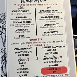 Willow Spring Vineyards - Wine Menu