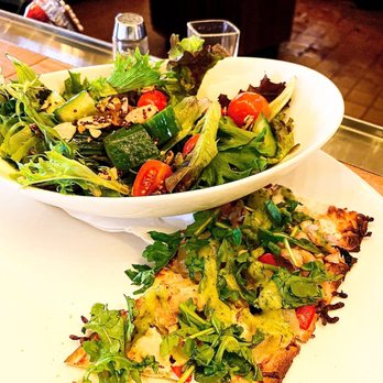 Seasons 52 - Pesto chicken flatbread and field greens salad - New American Near Me - Chestnut Hill, Massachusetts Seasons 52 - Pesto chicken flatbread and field greens salad - New American Near Me - Chestnut Hill, Massachusetts