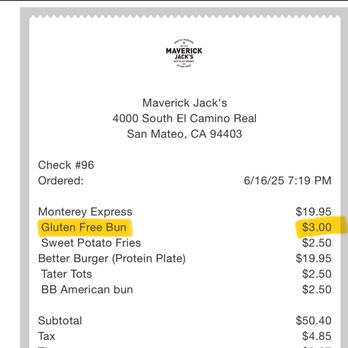 Maverick Jack's - San Mateo - Our tab and getting charged extra for a specialty bun I never requested :( - Burgers Near Me - San Mateo, California Maverick Jack's - San Mateo - Our tab and getting charged extra for a specialty bun I never requested :( - Burgers Near Me - San Mateo, California