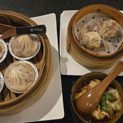 Soup dumplings (Xiao long bao), shu mai, and hot chili dumplings
