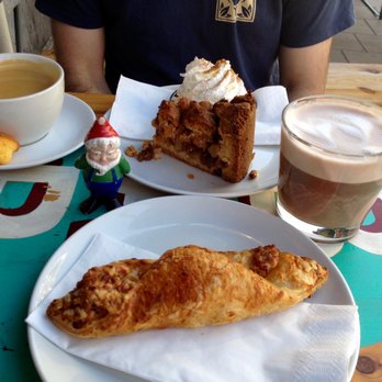 Bar Bukowski - Apple pie, ham and cheese croissant, coffee, and hot cocoa. Gnome for scale. - Breakfast & Brunch Near Me - Amsterdam, New Hampshire Bar Bukowski - Apple pie, ham and cheese croissant, coffee, and hot cocoa. Gnome for scale. - Breakfast & Brunch Near Me - Amsterdam, New Hampshire