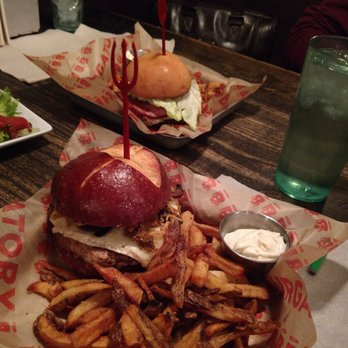 Burgatory - Fox Chapel - Kick'n Chicken on Pretzel bun. - Burgers Near Me - Pittsburgh, Pennsylvania Burgatory - Fox Chapel - Kick'n Chicken on Pretzel bun. - Burgers Near Me - Pittsburgh, Pennsylvania