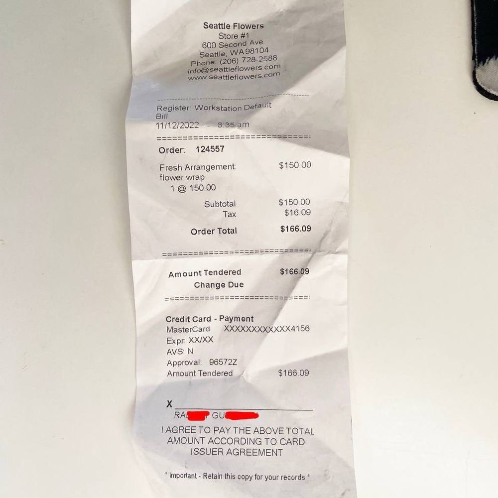Seattle Flowers - Proof of purchase receipt - Florists Near Me - Seattle, Washington