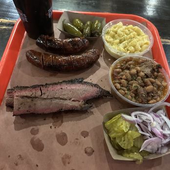 Terry Black's Barbecue - Pickled jalapeño  Macaroni and cheese  Baked bee a Brisket Jalapeño and cheese sausage - Barbeque Near Me - Austin, Texas