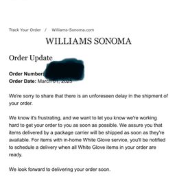 Email with further order delay. Email with further order delay.
