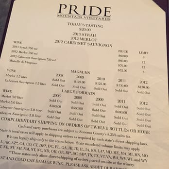 Pride Mountain Vineyards - Tasting menu September 2015 - Wineries Near Me - St. Helena, California Pride Mountain Vineyards - Tasting menu September 2015 - Wineries Near Me - St. Helena, California