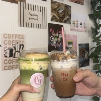 Grounds Cafecito - Leche Flan Matcha- TOPPED, Reeses Puff Latte- TOPPED - Desserts Near Me - Highland Park, New Jersey