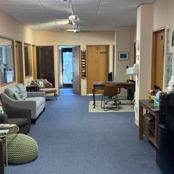 Karin Leonard & Associates - Comfortable Waiting Room with Refreshments, at our beautiful Center for Health. In the historic Branceforte Plaza