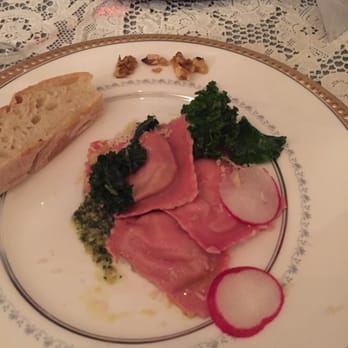 The Dinner Party Project - Goat cheese and sweet pea stuffed beet ravioli with pesto - Social Clubs Near Me - Orlando, Florida