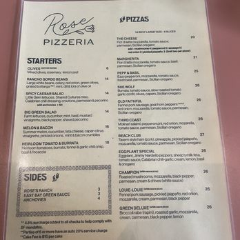 Rose Pizzeria - Menu 09.27.26 - Pizza Near Me - San Francisco, California