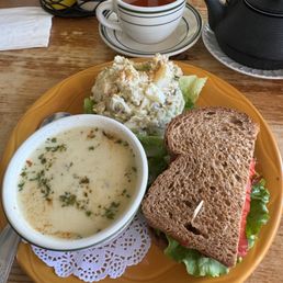 Half veggie sandwich, Thai soup and potato salad with pot of Roobios tea Half veggie sandwich, Thai soup and potato salad with pot of Roobios tea