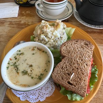 Soups & Such Cafe' - Half veggie sandwich, Thai soup and potato salad with pot of Roobios tea - Sandwiches Near Me - Julian, California Soups & Such Cafe' - Half veggie sandwich, Thai soup and potato salad with pot of Roobios tea - Sandwiches Near Me - Julian, California