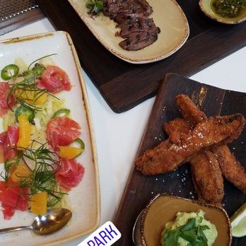 Madison - Left- Salmon Crudo, Right-Portobello Fries, and Top- Skirt Steak from the happy hour menu - Italian Near Me - San Diego, California