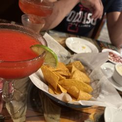 El Azteca - Strawberry Margarita and chips and salsa with queso Cheese Dip.